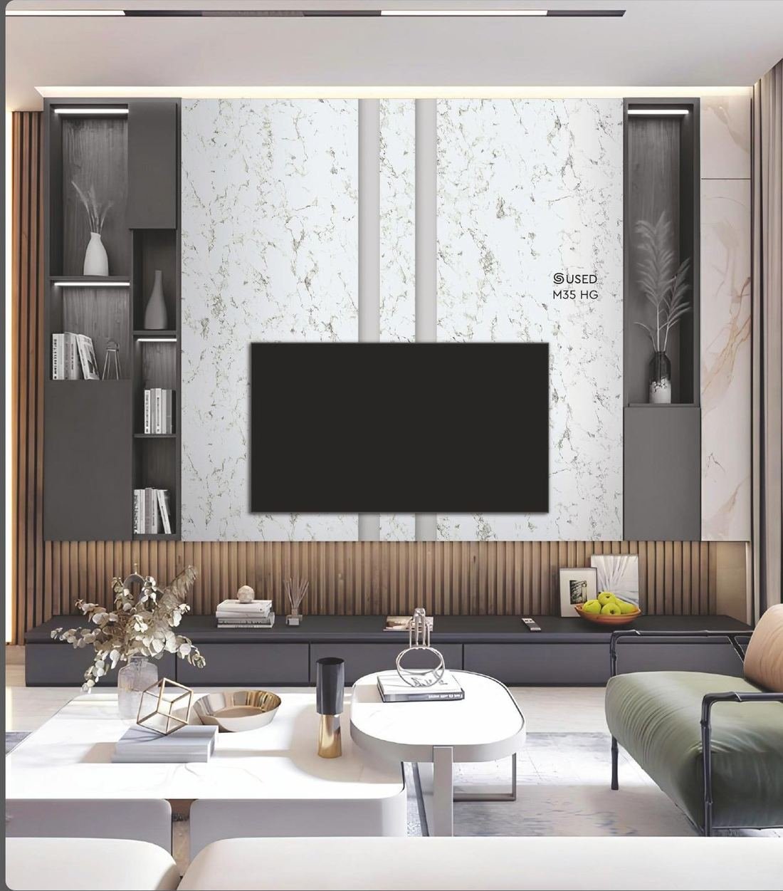 Applied marble laminate wall panel in a living room